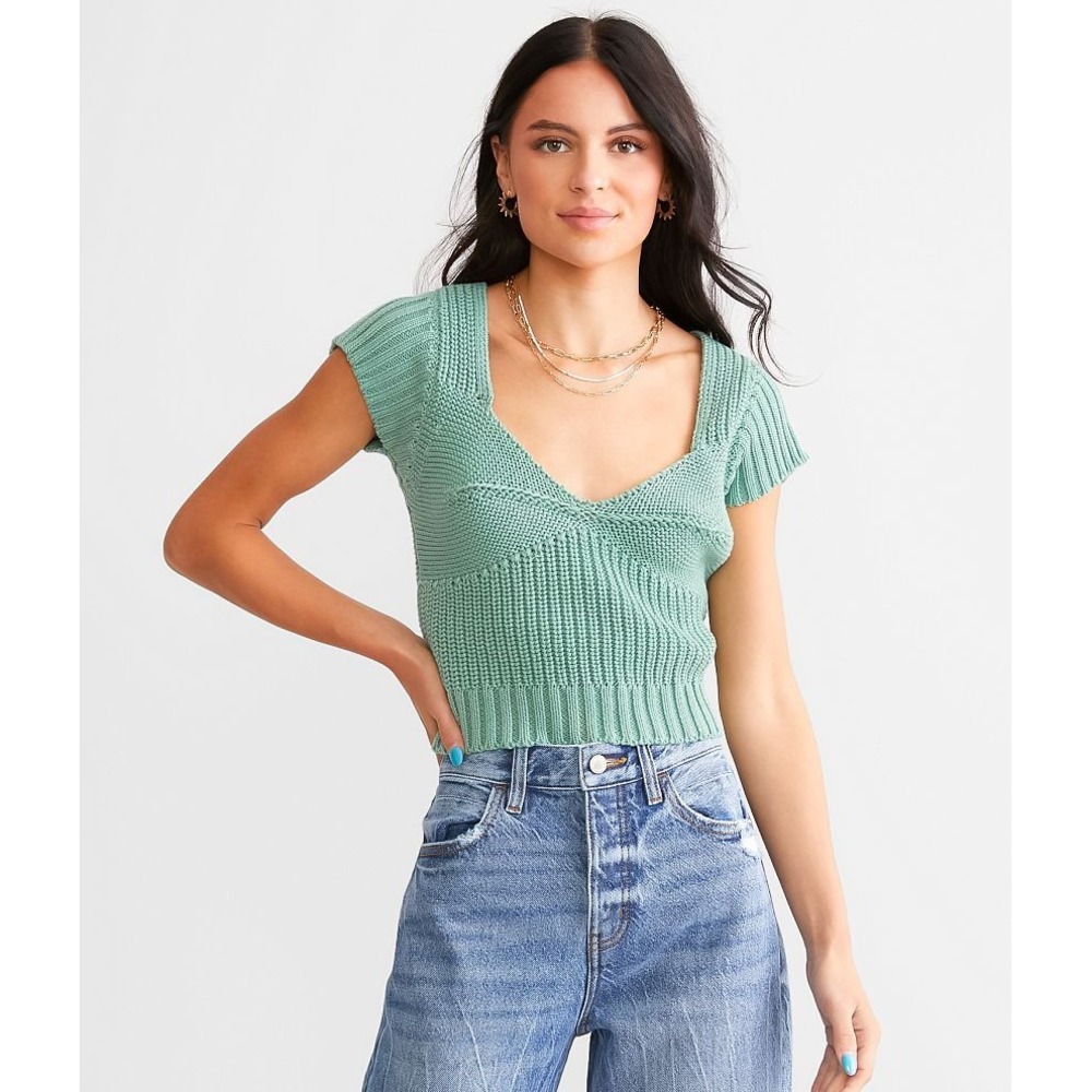 Z SUPPLY‎ Prim Cropped Sweater Emerald Isle Green V-Neck Cap Sleeve ZW233723 M